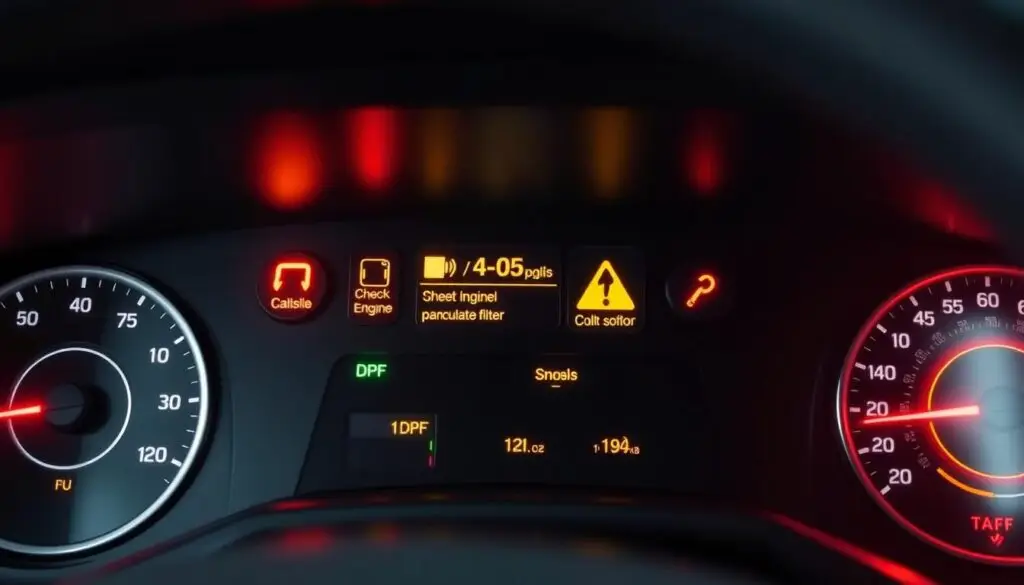 Multiple exhaust system warning lights illuminated on commercial truck dashboard