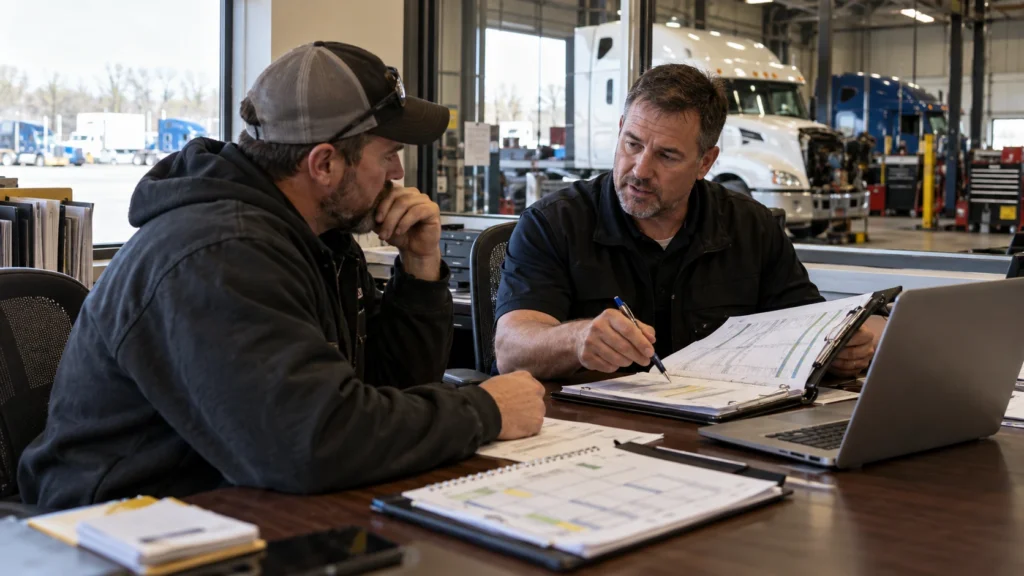 Diesel repair shop manager reviewing fleet service history, maintenance schedules, and account plans with a fleet customer while heavy-duty trucks are serviced in the background.