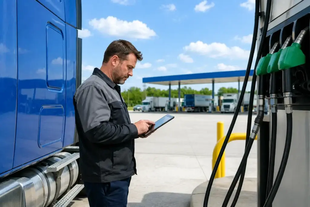 Fleet manager reviewing fuel management data on a tablet beside a semi-truck at a commercial diesel fueling station.