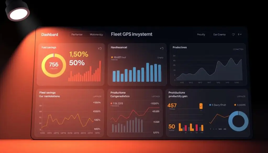 Fleet GPS dashboard displaying real-time metrics including fuel consumption, route efficiency, and driver behavior analytics for ROI tracking