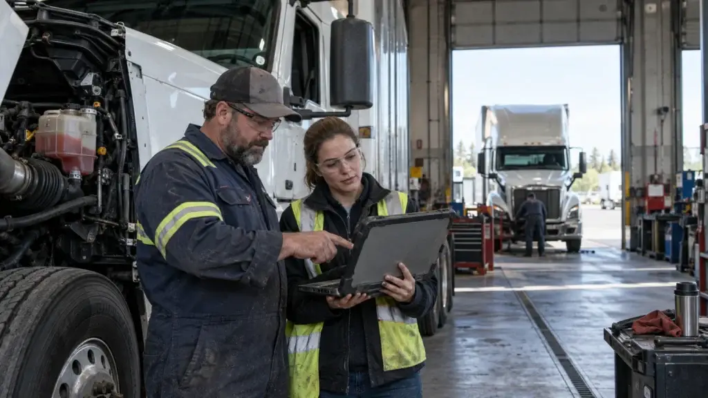 Diesel technician and fleet maintenance manager reviewing service and telematics data beside a Class 8 truck in a commercial repair shop.