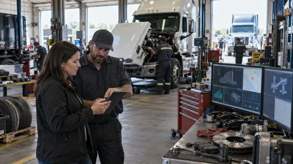 Fleet manager and diesel technician reviewing integrated fleet maintenance software and telematics data in a heavy-duty truck repair shop
