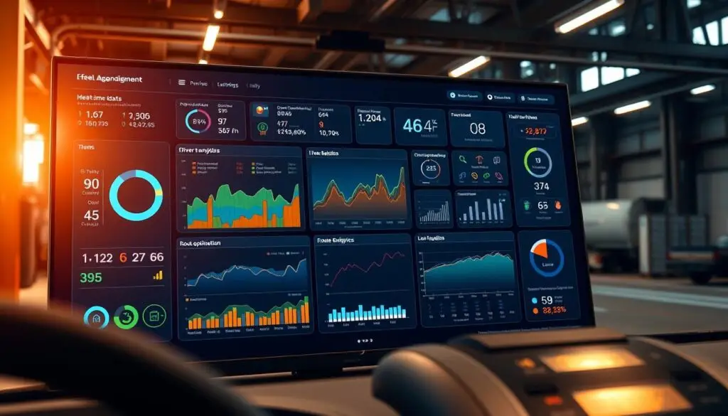 Real-time fleet monitoring dashboard highlighting idle time reduction metrics, fuel waste elimination, and cost savings through GPS monitoring
