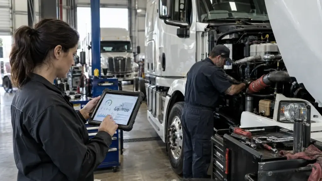 Fleet manager reviewing predictive maintenance diagnostics on a tablet while a diesel technician services a heavy-duty truck
