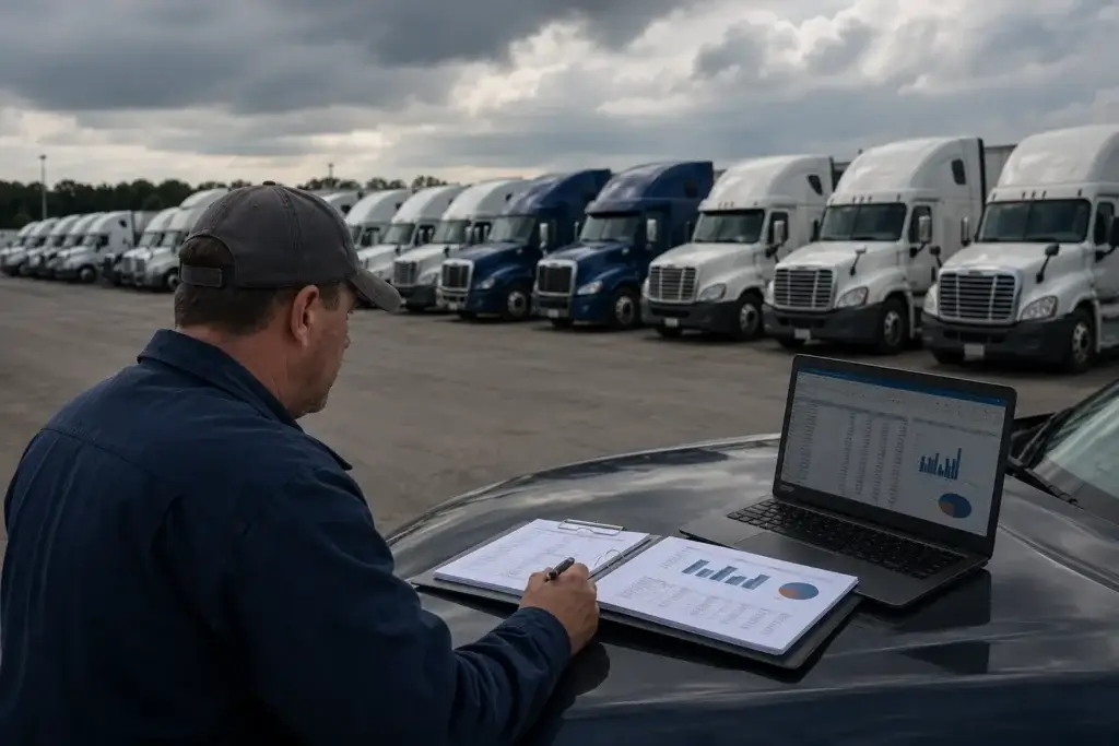 Fleet manager reviewing maintenance and replacement cost data beside a fleet of Class 8 semi trucks in a commercial truck yard.
