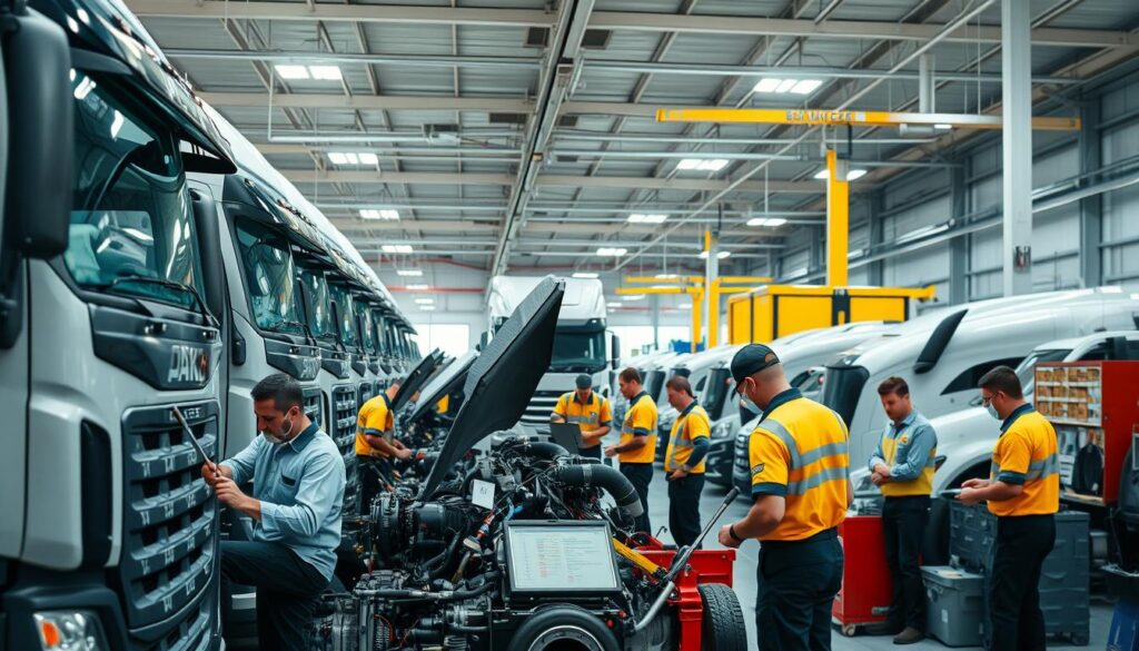 Dedicated fleet support team performing maintenance on commercial trucks