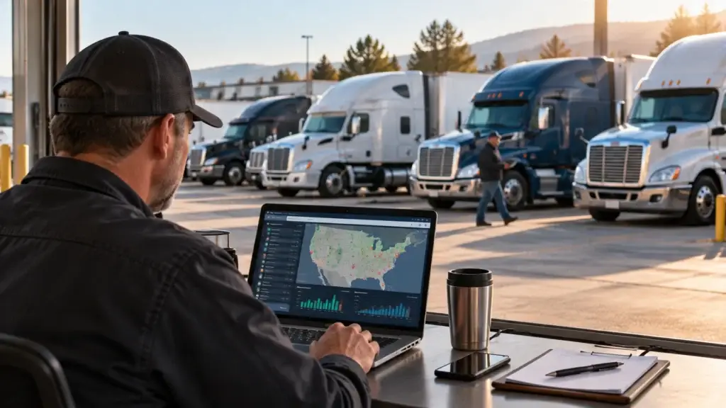 Fleet manager using a telematics dashboard to monitor GPS tracking and vehicle data across a commercial truck fleet.