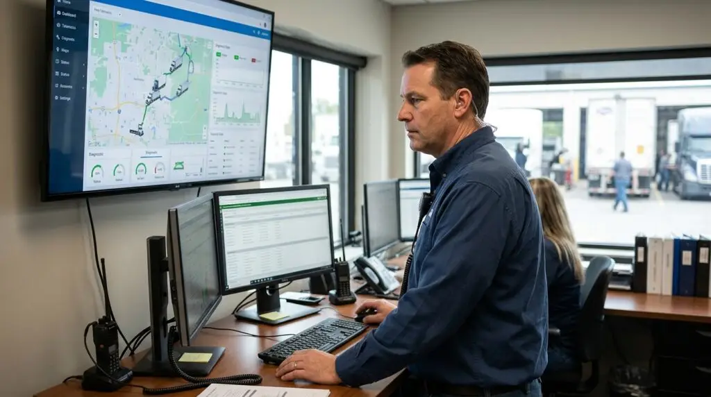 A dispatcher reviewing real-time GPS tracking maps and maintenance diagnostic charts on a fleet management software workstation.