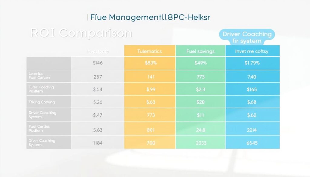 Comparison chart showing ROI analysis for telematics, fuel cards, and driver coaching solutions