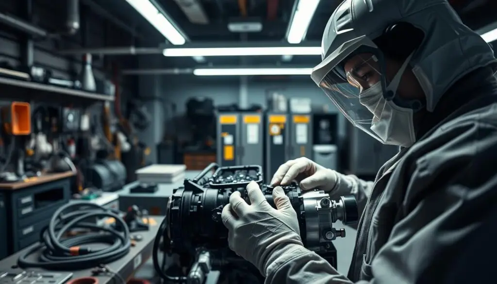 Technician wearing proper PPE for high-pressure fuel system safety procedures