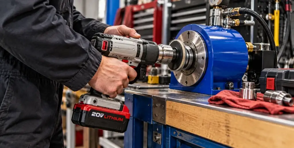 Technician using a cordless heavy-duty impact wrench on workshop equipment during tool testing in a professional industrial repair environment.