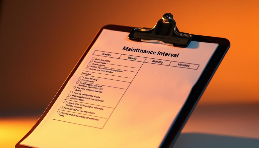 Heavy duty maintenance intervals checklist showing weekly and monthly diesel service requirements