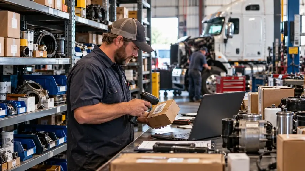 Heavy-duty truck repair shop parts specialist scanning an inventory box beside organized shelves of diesel components while a Class 8 truck is serviced in the background.