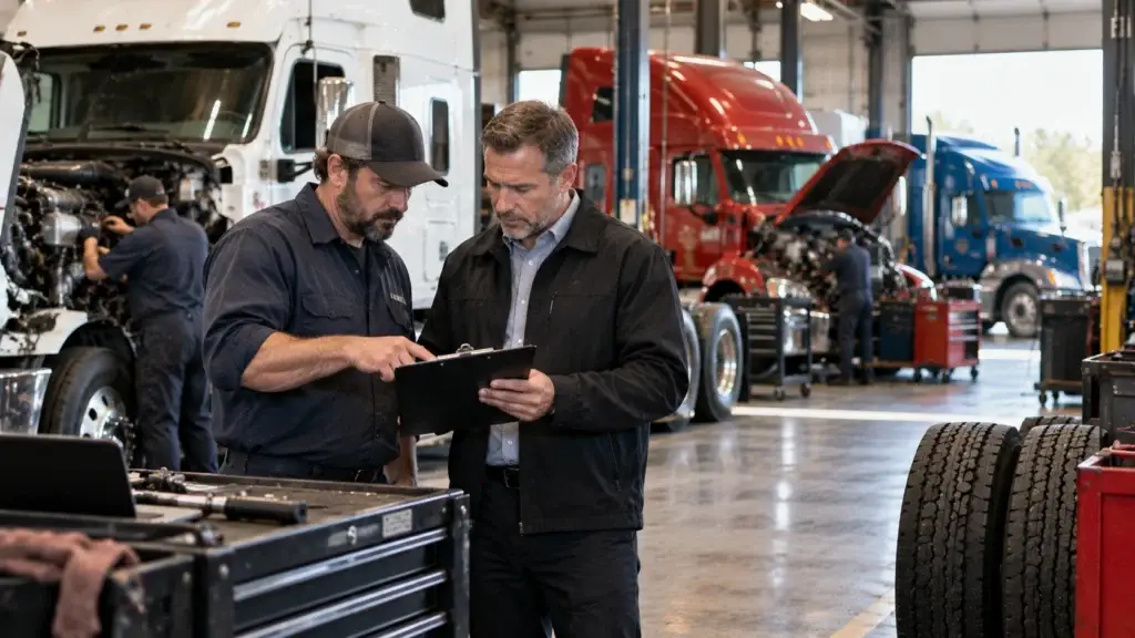 Heavy-duty repair shop acquisition evaluation with managers and diesel technicians inside a commercial truck service facility