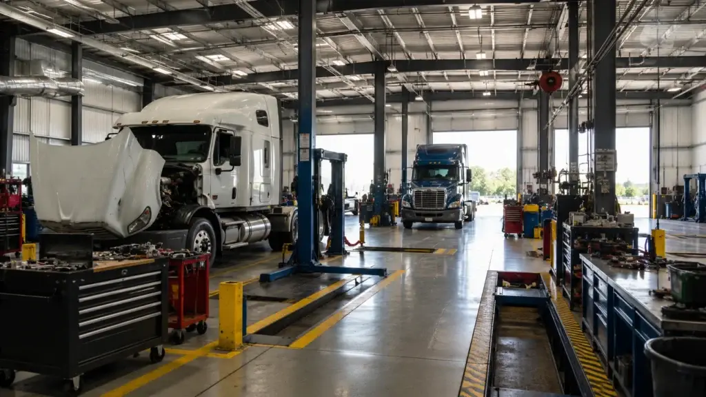 Well-organized heavy-duty repair shop layout with commercial trucks, service bays, tool stations, lifts, and clearly defined work areas.