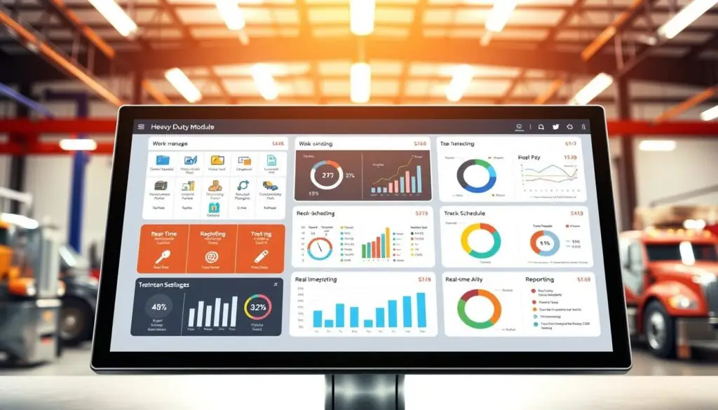 heavy duty repair software analytics dashboard comparing shop performance metrics and revenue