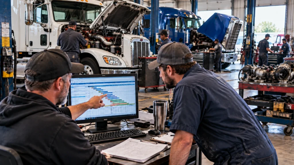 Heavy-duty repair shop team reviewing workflow scheduling and work orders while diesel technicians service Class 8 trucks in a commercial truck repair facility.