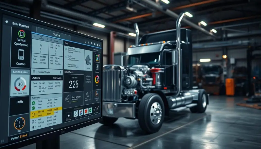 Diagnostic software interface showing truck engine parameters with wiring diagrams and fault code analysis