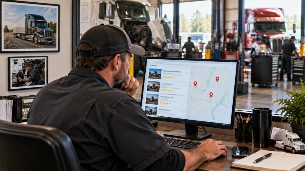 Heavy-duty truck repair shop owner reviewing local SEO search rankings and customer reviews online
