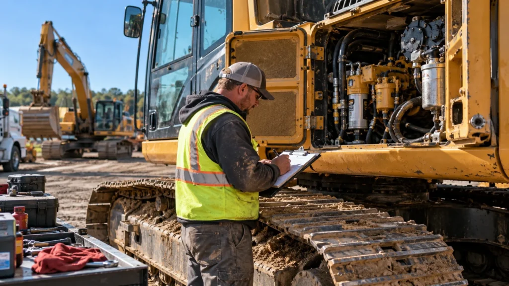Heavy equipment technician completing a maintenance checklist while inspecting an excavator’s engine compartment and undercarriage at a construction equipment yard.