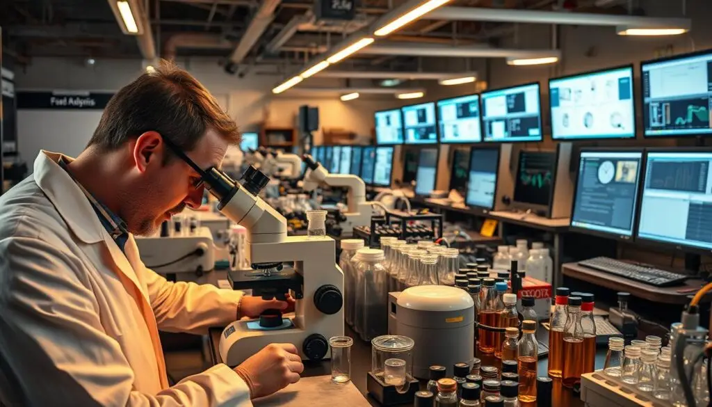 Laboratory technician performing oil analysis on heavy equipment fluid sample for contamination testing