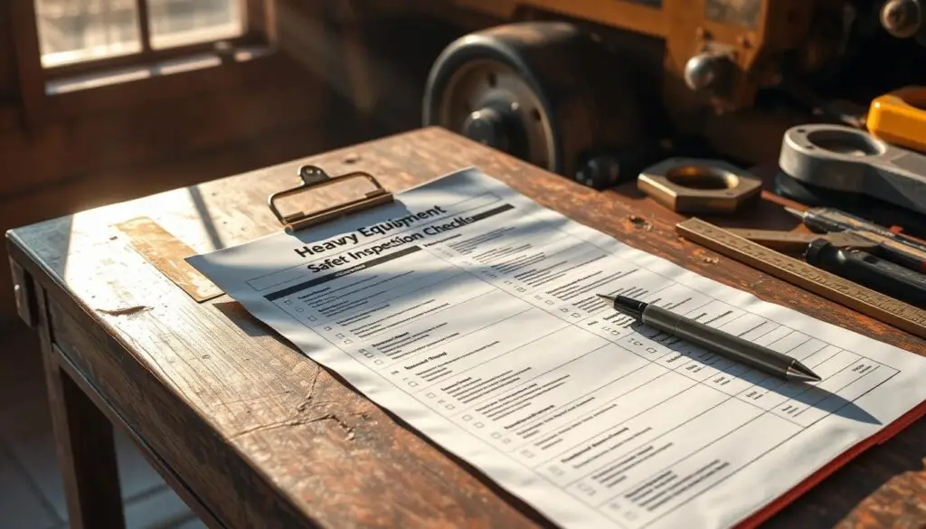 operator using digital equipment inspection checklist on mobile device at jobsite
