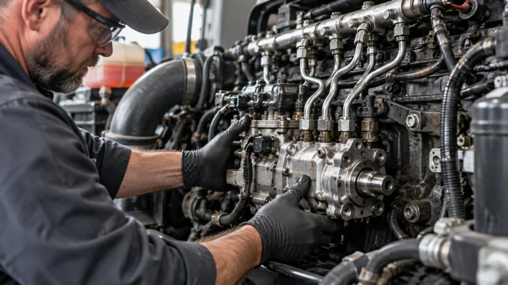 Diesel technician inspecting a high-pressure fuel pump and common-rail fuel lines on a heavy-duty truck engine during diagnostic testing in a commercial repair shop.