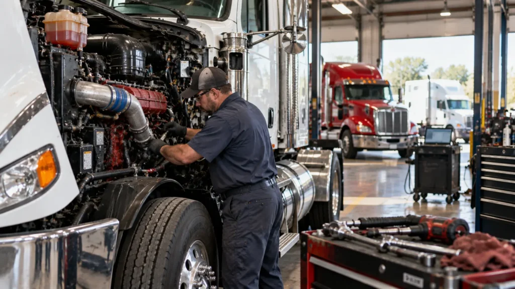 Diesel mechanic working on a heavy-duty truck engine inside a commercial diesel repair shop