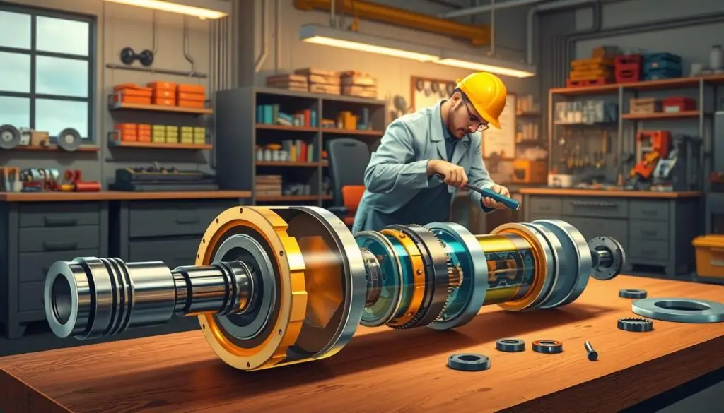 Hydraulic cylinder disassembled showing seal replacement and inspection process