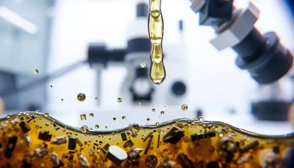 Microscopic analysis showing particle contamination in hydraulic fluid sample from heavy equipment
