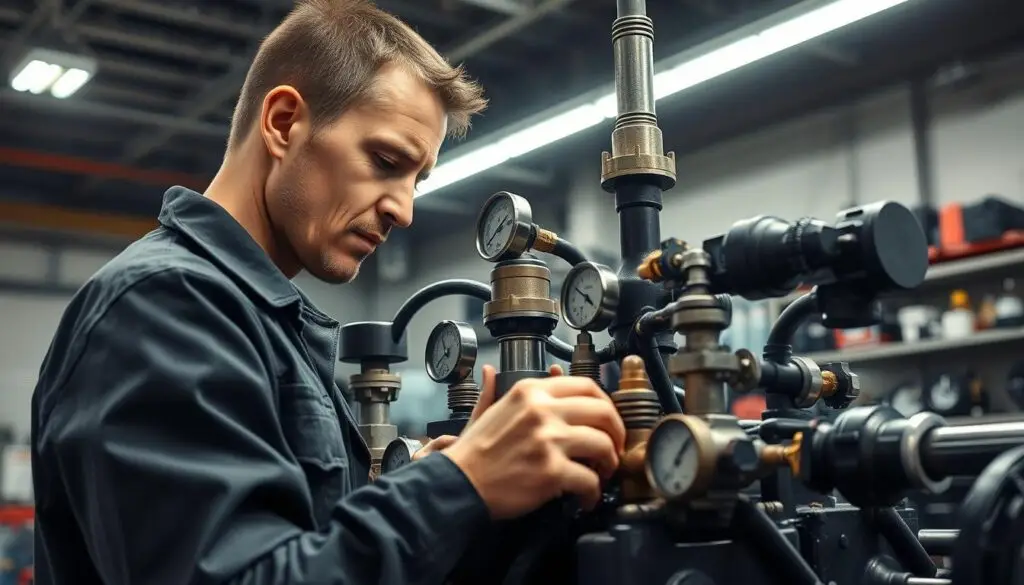 Technician using pressure gauges to diagnose hydraulic system pressure issues on commercial truck