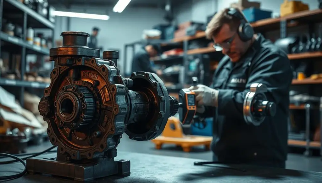 Hydraulic pump being inspected for cavitation and internal component wear on commercial truck