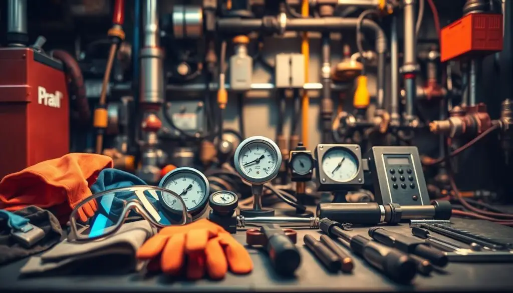 Technician wearing proper safety equipment while performing hydraulic diagnostics on commercial truck