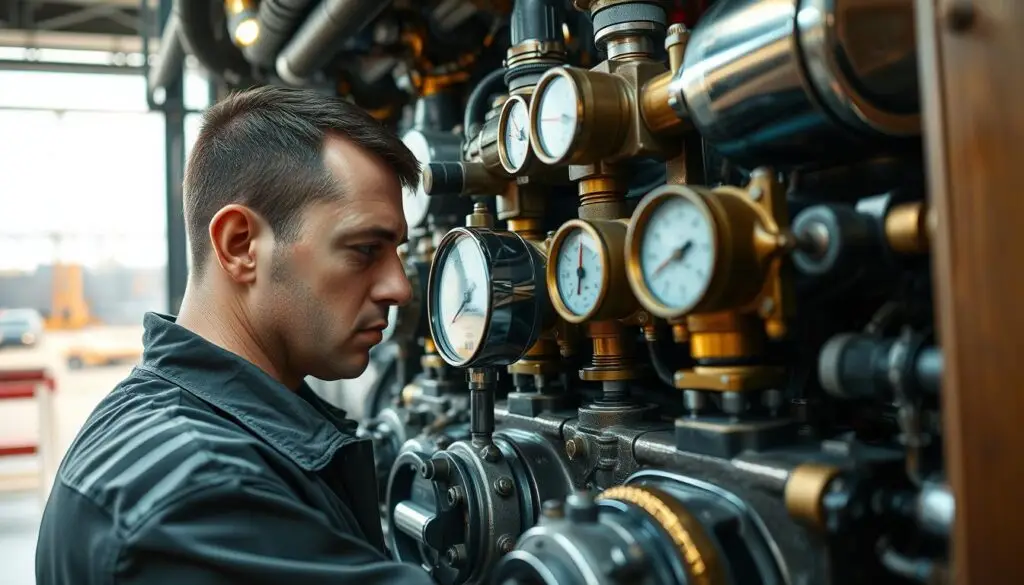 Technician collecting hydraulic oil sample from Cat 950 for laboratory analysis