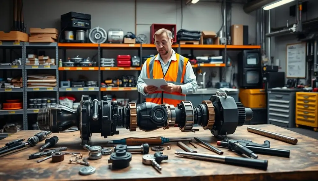 Technician inspecting Cat 950 hydraulic fluid levels and system pressure gauges