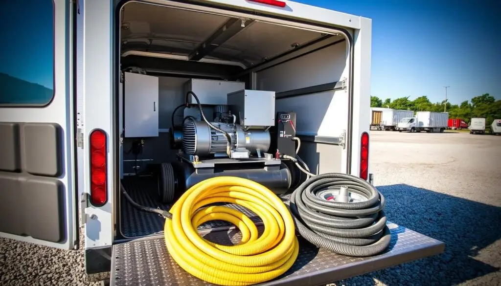 Gas-powered rotary screw air compressor mounted on service truck with pressure gauge, regulator, and retractable air hose reel