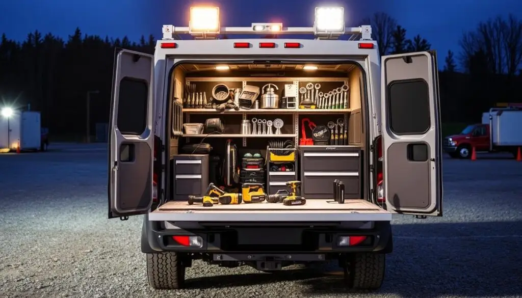 Side-by-side comparison of service body truck and flatbed configuration showing different storage approaches for mobile diesel repair