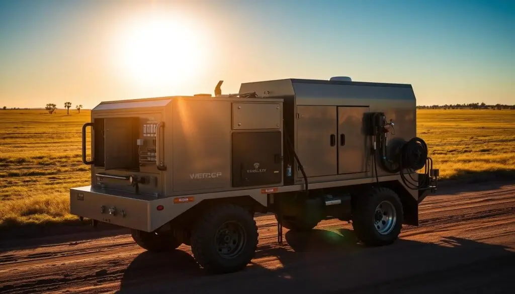Miller Bobcat welder-generator mounted on service truck bed with welding cables organized on reel and gas cylinder storage
