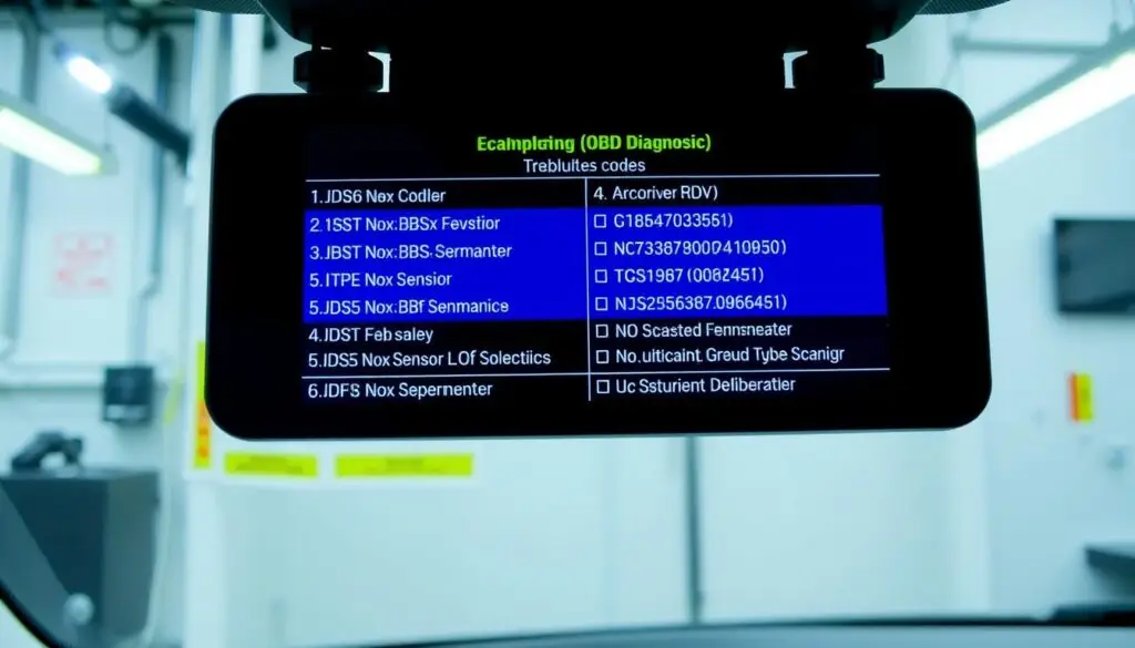 Diagnostic scan tool displaying NOx sensor fault codes for SCR system repair