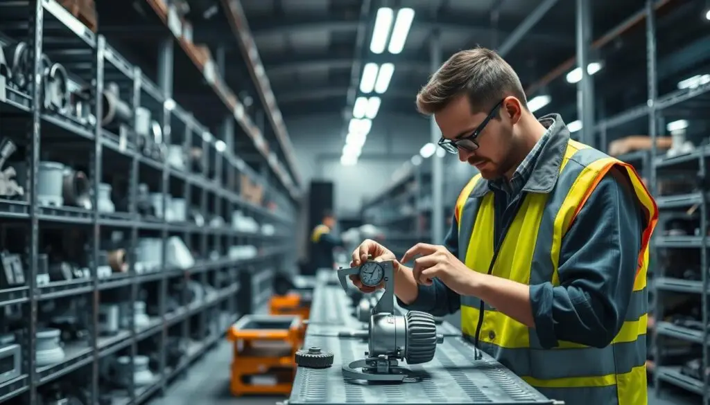 Quality inspector examining truck component with precision measuring tools