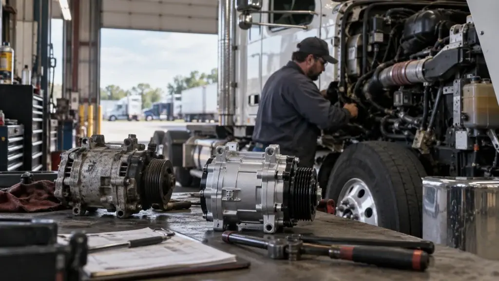 Diesel technician comparing OEM and aftermarket heavy equipment parts during commercial truck maintenance.