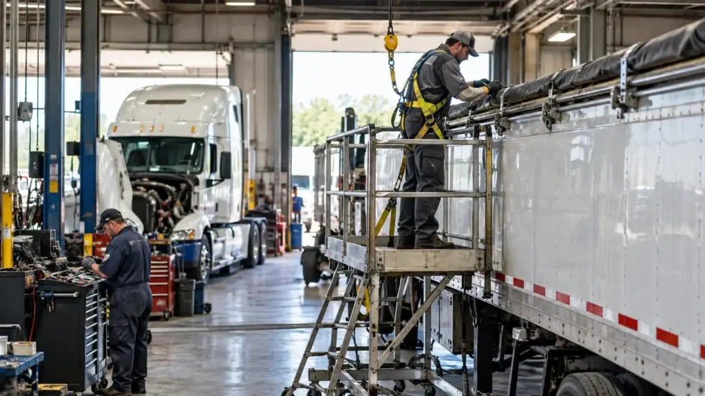 Heavy-duty truck repair technician using fall protection equipment while servicing a commercial trailer inside a diesel repair shop.