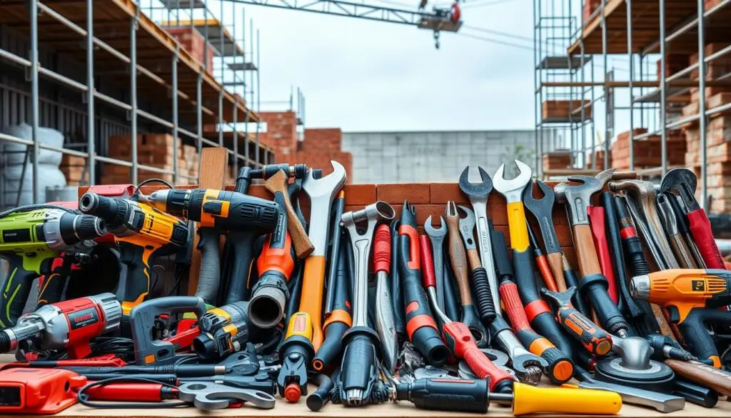 Milwaukee and DeWalt cordless power tools on construction site workbench