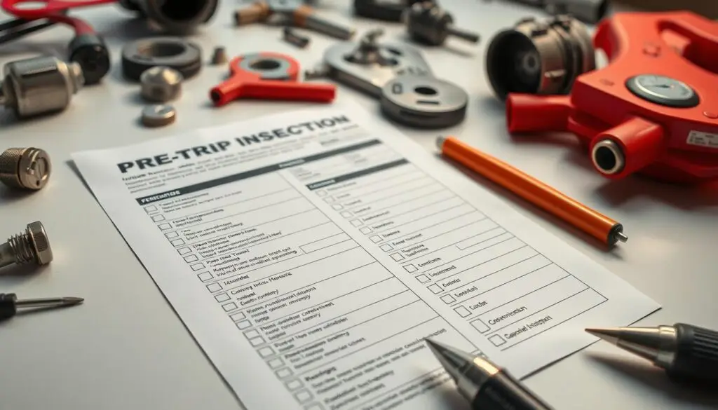 Professional driver conducting systematic pre-trip inspection with clipboard checklist examining tractor and trailer