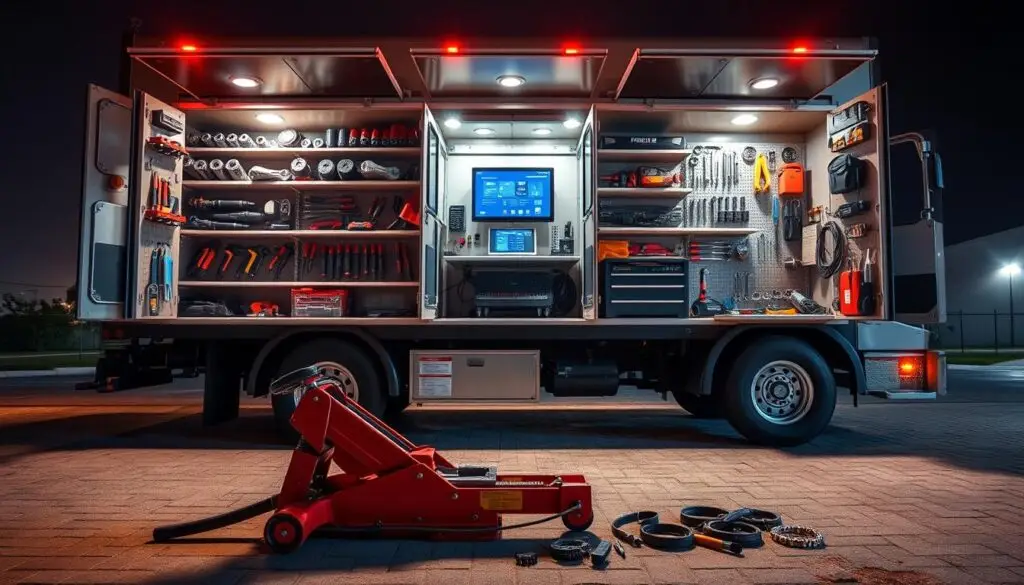 Fully equipped mobile service truck with organized compartments, mounted air compressor, and welder-generator unit ready for field repairs