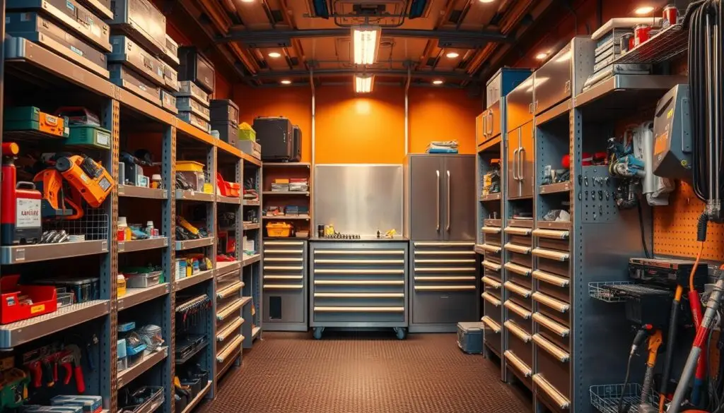 Interior view of organized service truck showing custom drawer systems, foam tool organizers, and labeled compartments for efficient workflow
