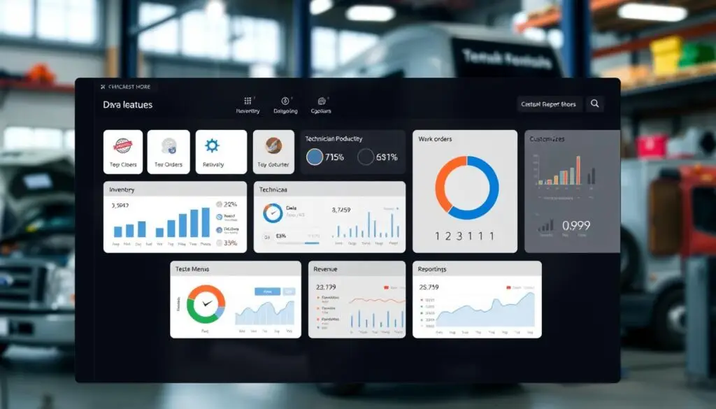 shop management system dashboard displaying work order tracking and inventory management tools