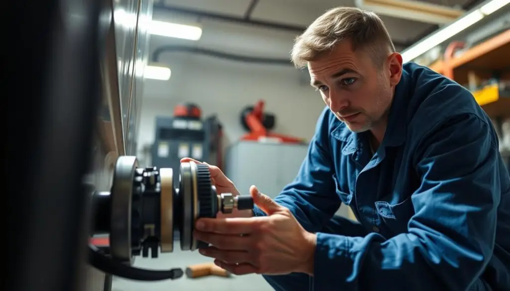 Technician measuring pushrod travel and inspecting slack adjuster alignment on commercial trailer brake