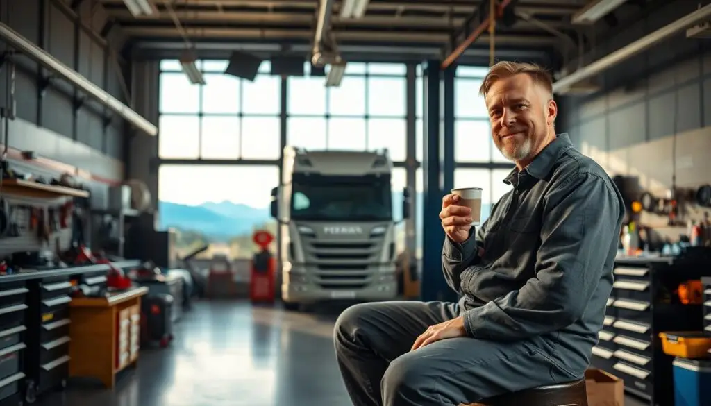 technician burnout prevention techniques showing mindfulness and stress management in diesel repair shop