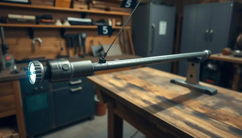 beam method setup for torque wrench calibration showing horizontal mounting and weight placement